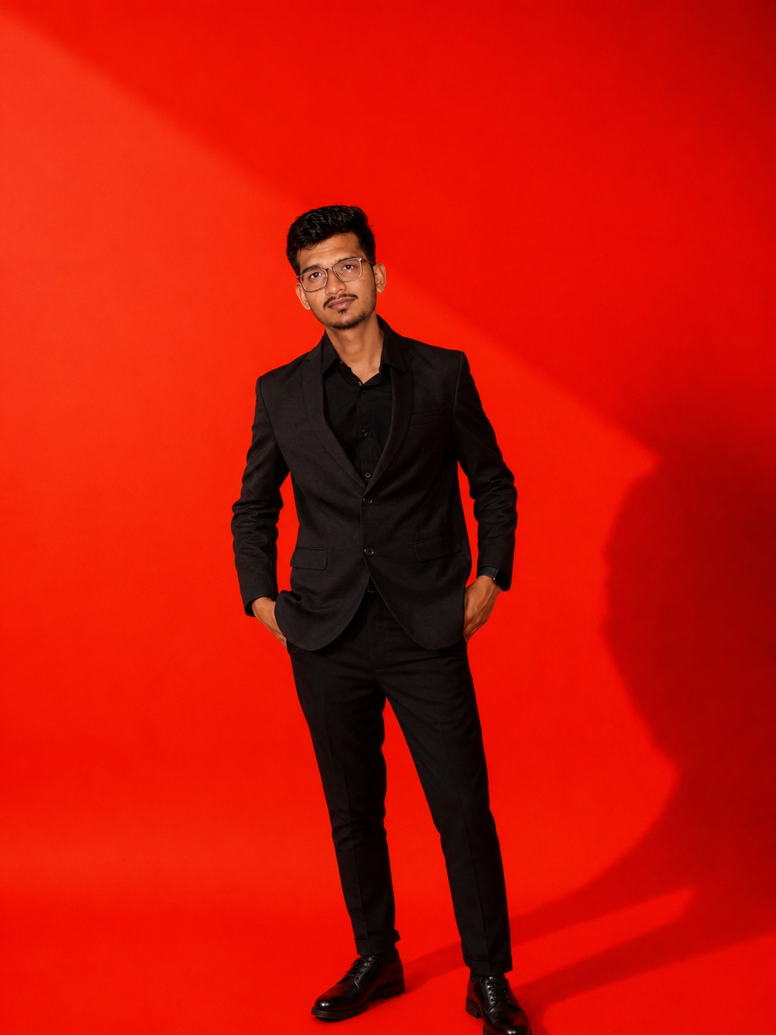 Full-body portrait of Rohit Deshmukh in a black suit against a red backdrop