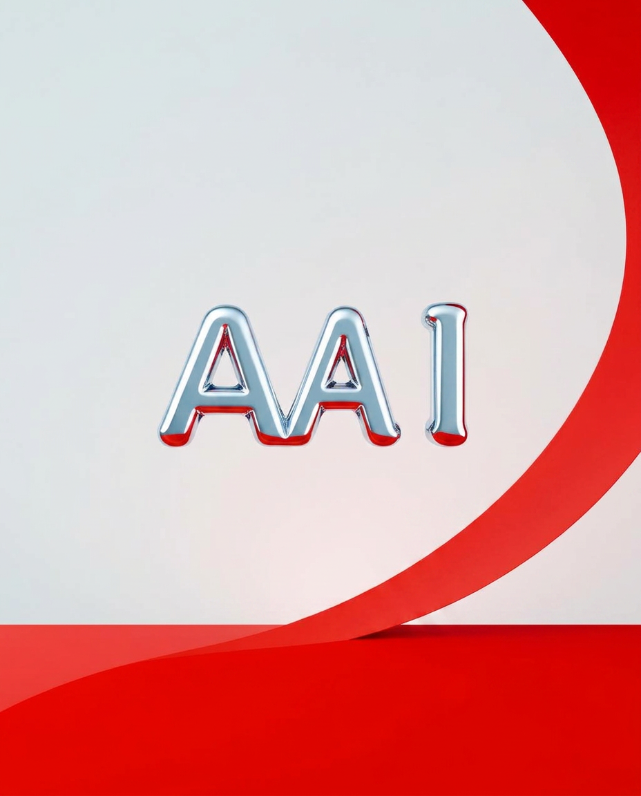 Chrome typographic forms floating over a red field