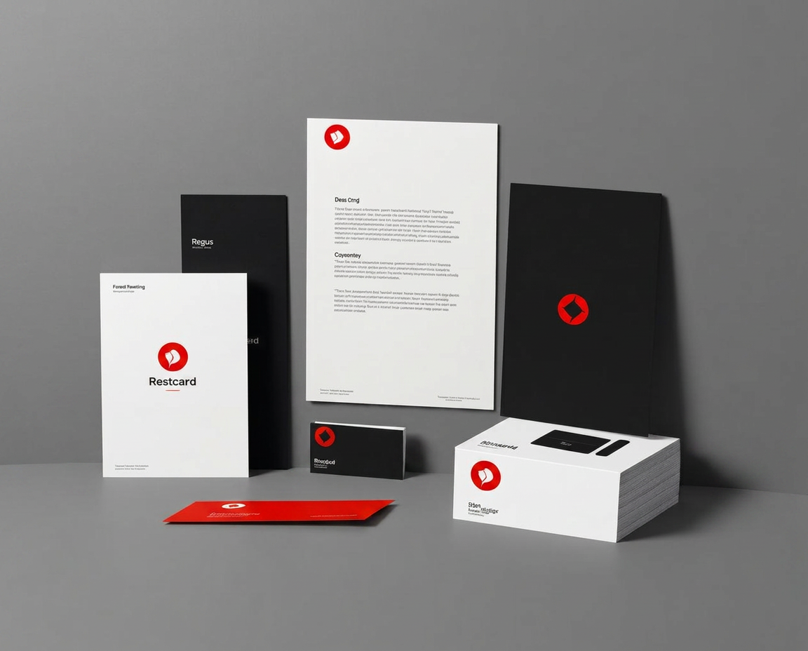Black, white and red brand stationery composition