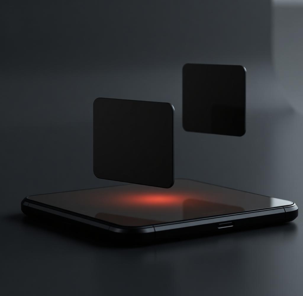 Dark interface panels floating above a device