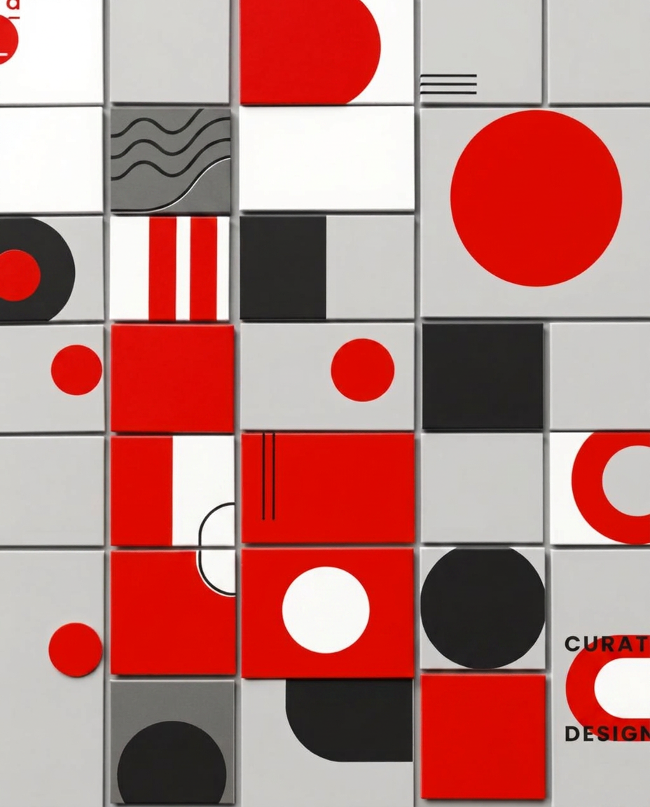 Grid of bold red, black and grey social media tiles