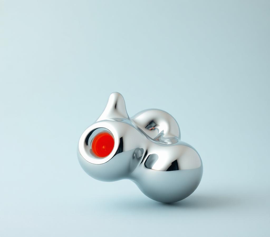 Chrome liquid sculpture with a red core on a pale background