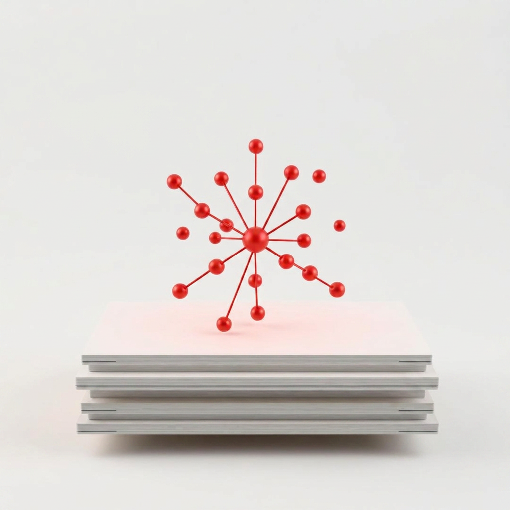 Red node network floating above stacked paper layers